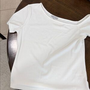 white birch Scoop Neck Ribbed Short Sleeve Top - White